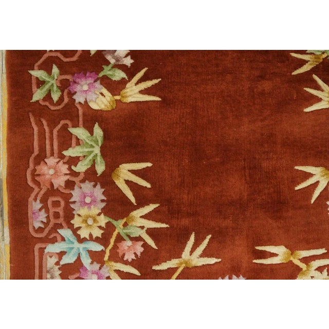 1930s Ruby Red Floral Antique Chinese Art Deco Carpet 4'4" X 6'6" Knotted Wool Rug For Sale - Image 9 of 12