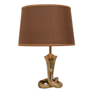 Hollywood Regency Brass Cobra Table Lamp with Brown Shade, France, 1970s For Sale