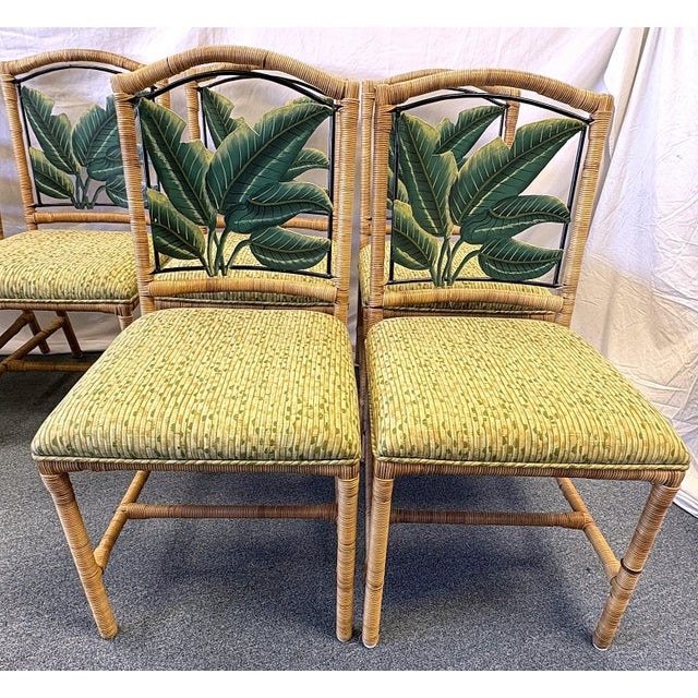 Vintage McGuire Style Rattan Wrapped Dining Chairs With Banana Leaf Back Detail- Set of 6 For Sale - Image 9 of 18