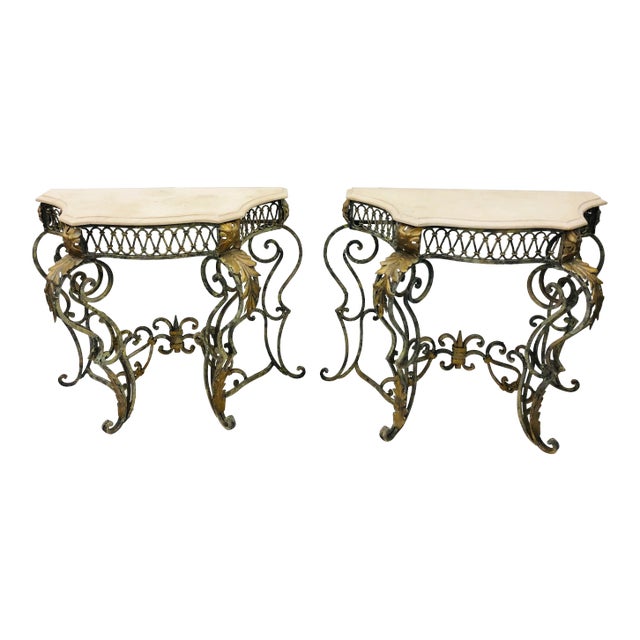 Vintage Wrought Iron & Stone Side Tables - a Pair For Sale