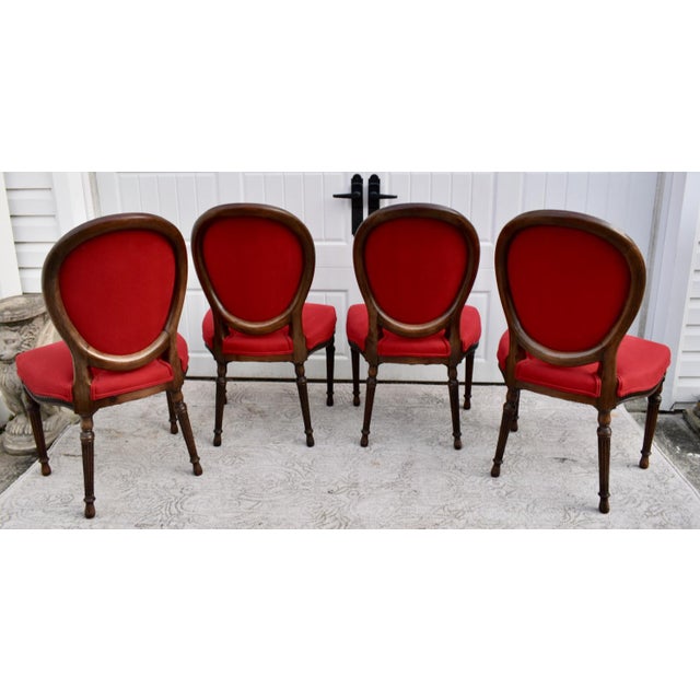 Wood Vintage Set of Four Carved & Inlaid Regency Style Rounded Back Red Side Chairs For Sale - Image 7 of 13