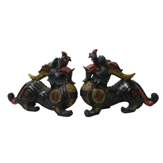 Metal Chinese Metal Color Painted Forturn Fengshui Pixiu Figures - a Pair For Sale - Image 7 of 7