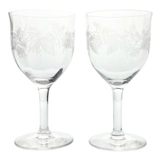 1940s Seneca Glass “Rose” Pair of Etched Optic Water Glasses For Sale