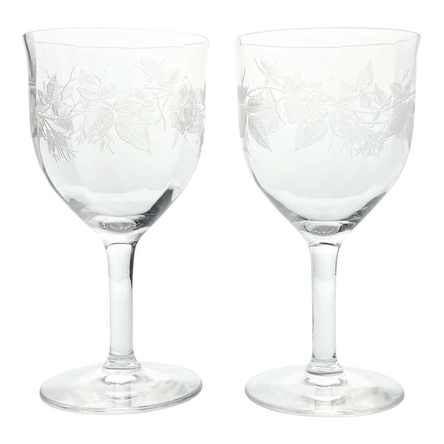 1940s Seneca Glass “Rose” Pair of Etched Optic Water Glasses For Sale