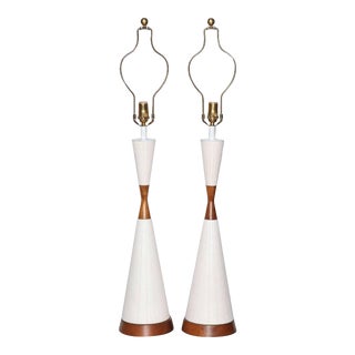 Substantial White Incised Ceramic "Hourglass" Table Lamps, Circa 1960 - A Pair For Sale