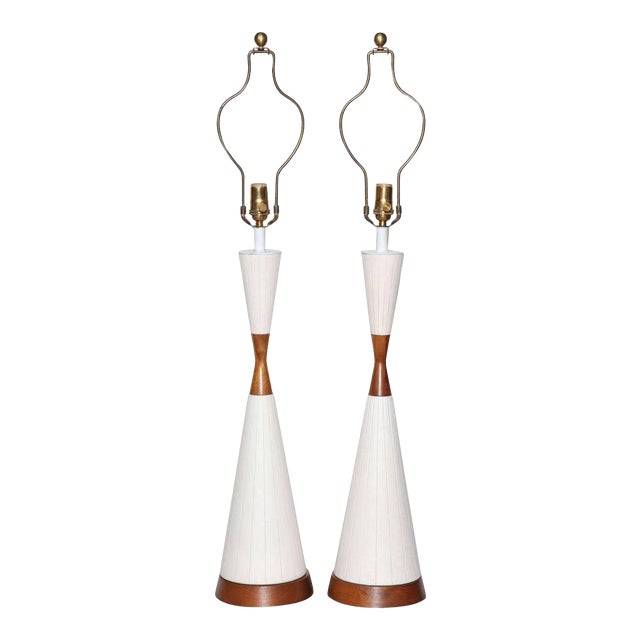 Substantial White Incised Ceramic "Hourglass" Table Lamps, Circa 1960 - A Pair For Sale