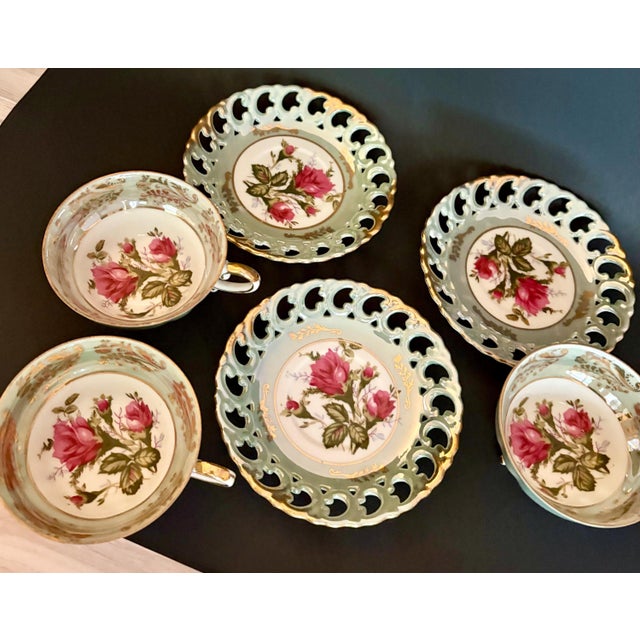 Vintage Royal Sealy Teacup Trio: Iridescent Green China With Pink Roses - Set of 3 Cups & 3 Saucers For Sale - Image 4 of 10
