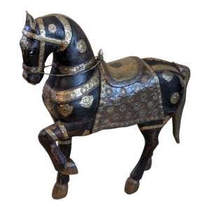 Large Vintage Carved Wood and Applied Metal Tang Horse