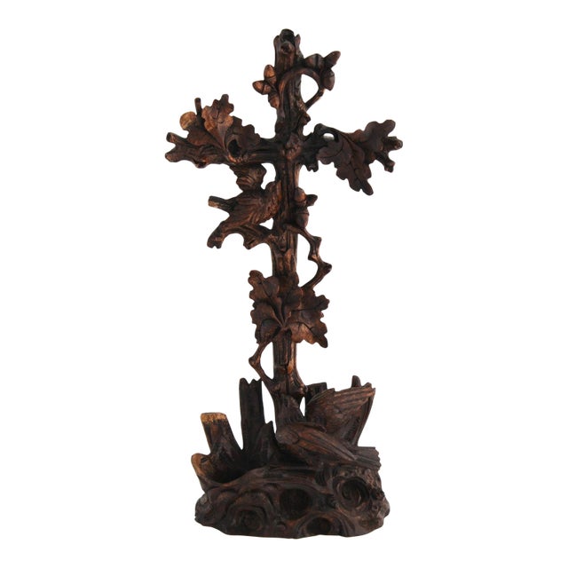 Antique 19th Century Black Forest Hand-Carved Wooden Cross With Birds and Acorns For Sale