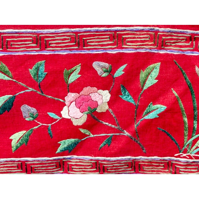 Vintage Chinese Long Red Pink Flower Embroidery Fabric Art For Sale - Image 14 of 17