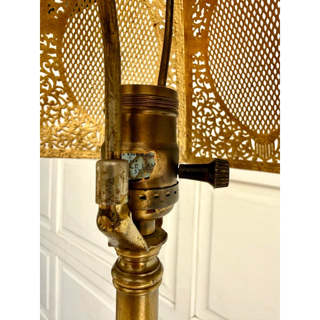 Mid 20th Century Tiered Wood Floor Lamp With Ornate Gold Filigree Shade For Sale - Image 11 of 12