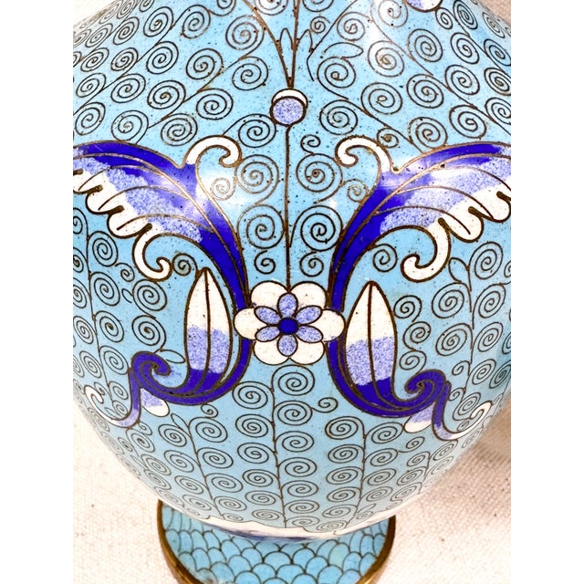 Late 20th Century Mid-20th Century Chinese Blue & White Cloisonné Brass Vases - A Pair For Sale - Image 5 of 8