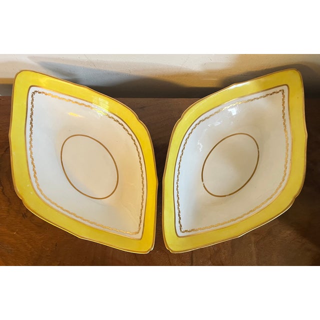 Large Antique Early 19th Century English George III Derby Porcelain Navette Shape Dishes With Yellow Border Circa 1800 - A Pair For Sale - Image 11 of 13