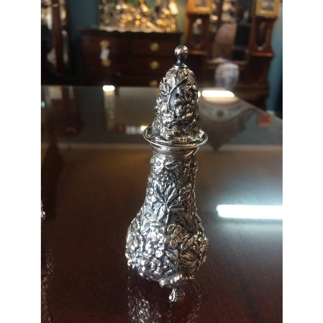 1950s Stieff Sterling Repousse Salt and Pepper Shakers, Rose Pattern Shakers, the Pair For Sale - Image 5 of 5