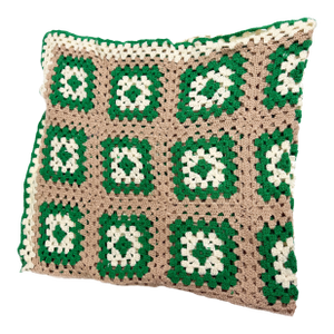 Vintage Handmade Crochet Green & Cream Granny Square Blanket Heirloom Afghan Throw