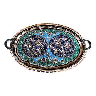 Engraved Oval Copper Tray with Handles For Sale