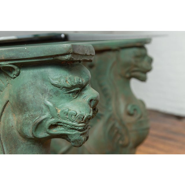 Vintage Bronze Double Mythical Figures Table Base with Verde Patina For Sale - Image 4 of 13