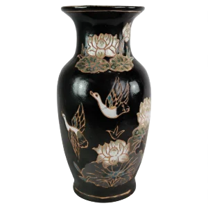 Ceramic Vase with Black Glaze and Decorated with Flowers