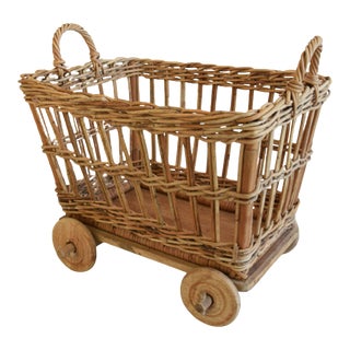 French Baguette Bread Hand-Woven Wicker Basket Cart W/ Wheels and Handles For Sale
