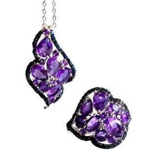 Amethyst & Black Sapphire Statement Necklace and Ring Set in Sterling Silver | Italian Roma Chain | Art Deco–Inspired Elegance For Sale