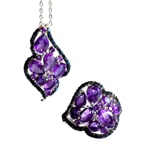 Amethyst & Black Sapphire Statement Necklace and Ring Set in Sterling Silver | Italian Roma Chain | Art Deco–Inspired Elegance