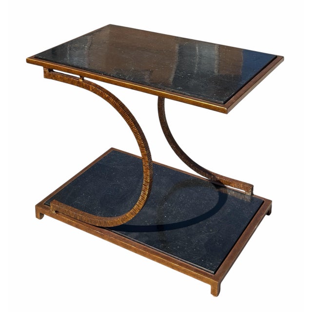 Metal Vintage Hollywood Regency Gilt Metal and Faux Black Marble Side Tables by Maitland Smith, a Pair For Sale - Image 7 of 9