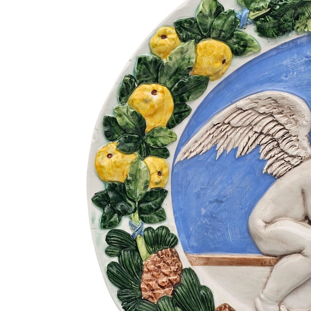 White Italian Della Robbia Style Angels Oval Wall Platter 19.5" Glazed Relief Fruit For Sale - Image 8 of 14