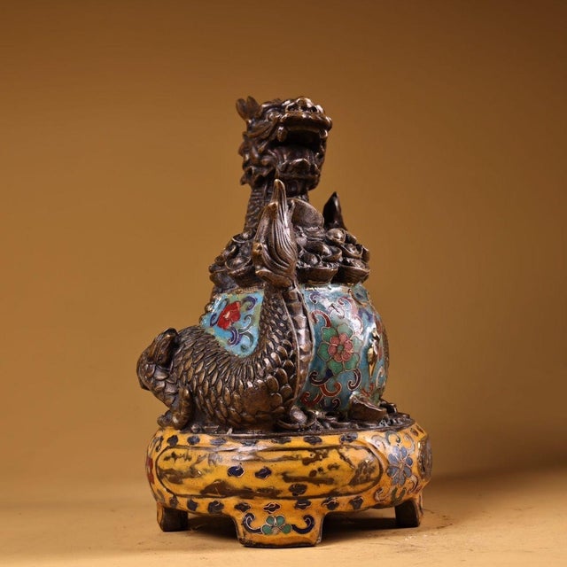 Traditional Vintage Cloisonne Enamel Dragon Sculpture – 9.1" Gilt Bronze Censer Figure For Sale - Image 3 of 10
