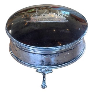Round Metal Box With Inlaid Steamship Lid on Three Feet For Sale
