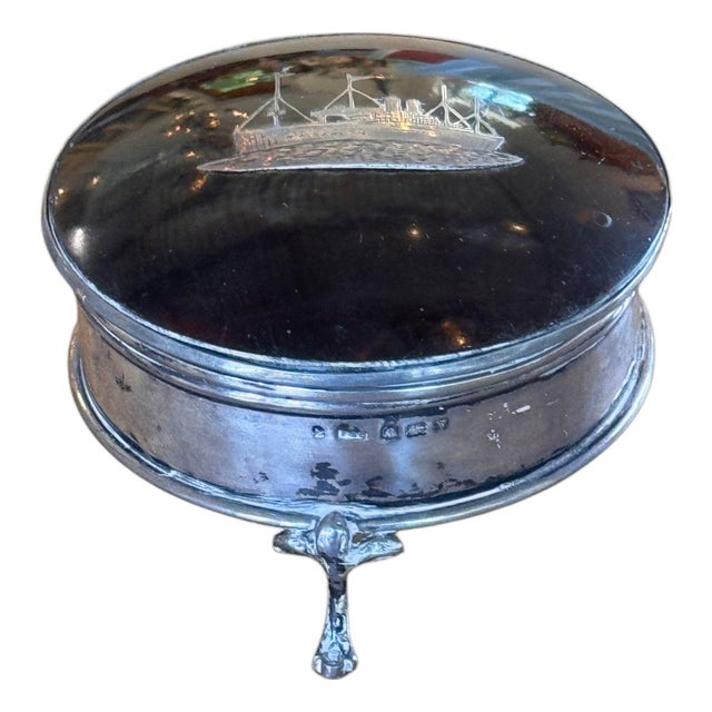 Round Metal Box With Inlaid Steamship Lid on Three Feet For Sale