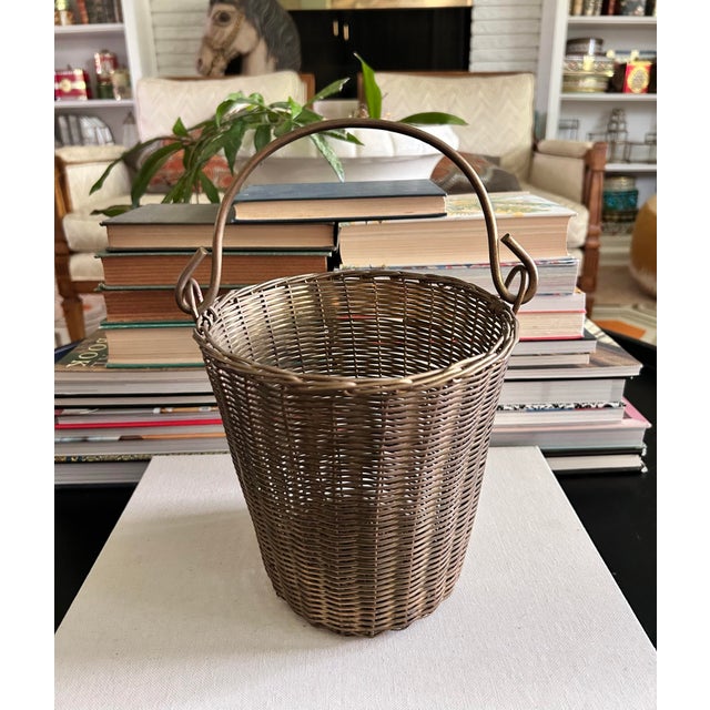1970s Vintage Solid Brass Woven Basket With Swing Handles For Sale - Image 5 of 12