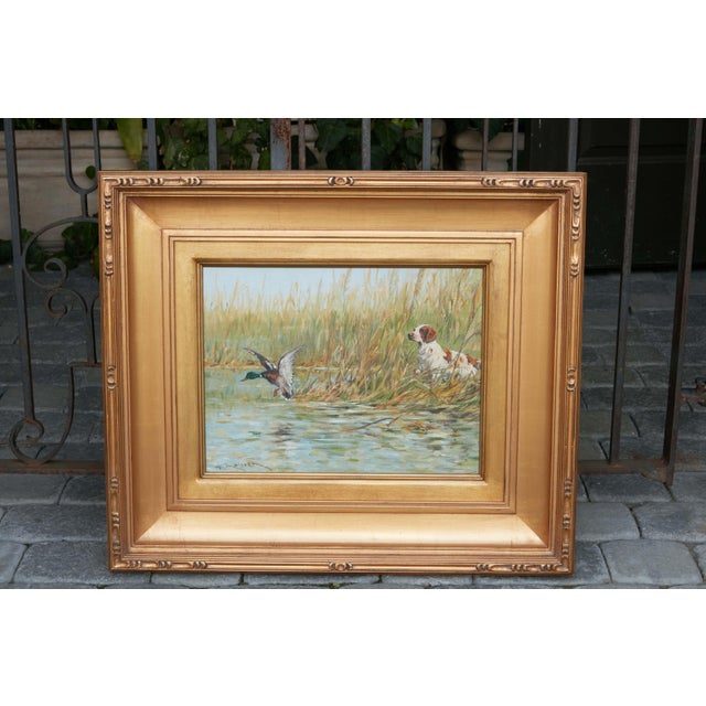 Early 20th Century Fernand Maissen Oil on Panel Painting Depicting a Setter Hunting a River Mallard For Sale - Image 5 of 12