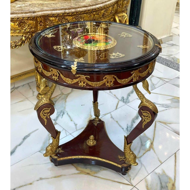 1990s French Style Wood Side Table With Glass Top, Gold Leaf Details For Sale - Image 4 of 6