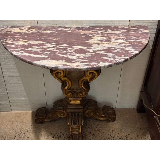 Pair of Italian Giltwood Demilune Consoles With Marble Tops For Sale - Image 4 of 12