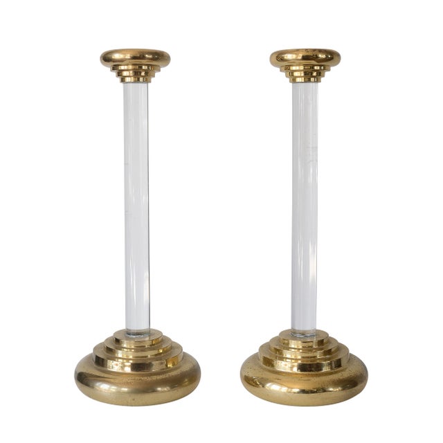 Charles Hollis Jones Art Deco Style Lucite & Brass Candlesticks - A Pair For Sale