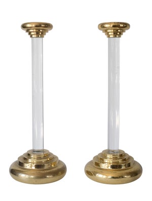 Charles Hollis Jones Art Deco Style Lucite & Brass Candlesticks - A Pair
