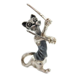 Nickel Plated Silver Miniature Cat with Drumsticks For Sale