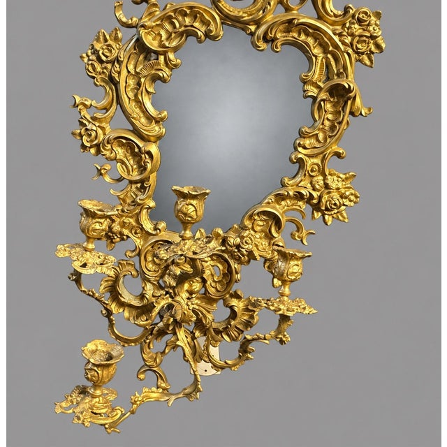 Antique Rococo Revival Gilt Cast Metal Mirrored Wall Sconce Candelabra 28.5” Description Impressive antique or early...