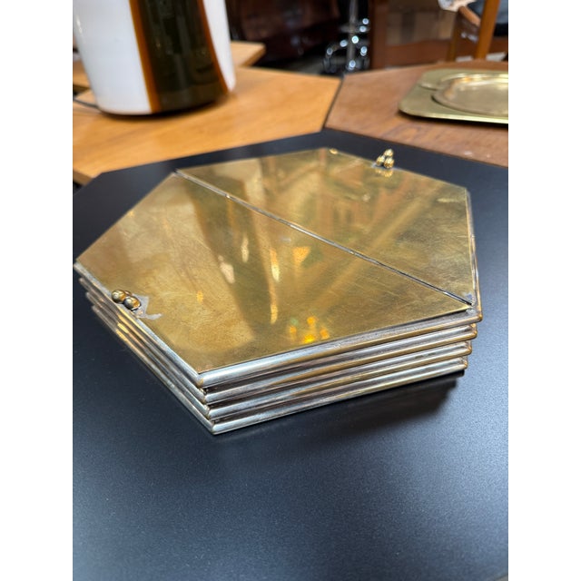 Wood Hexagonal Brass & Silver Decorative Box With Wooden Interior For Sale - Image 7 of 7