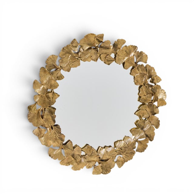 Hollywood Regency Jay Strongwater Lola Ginkgo Leaf Gilt Round Wall Mirror For Sale - Image 3 of 5