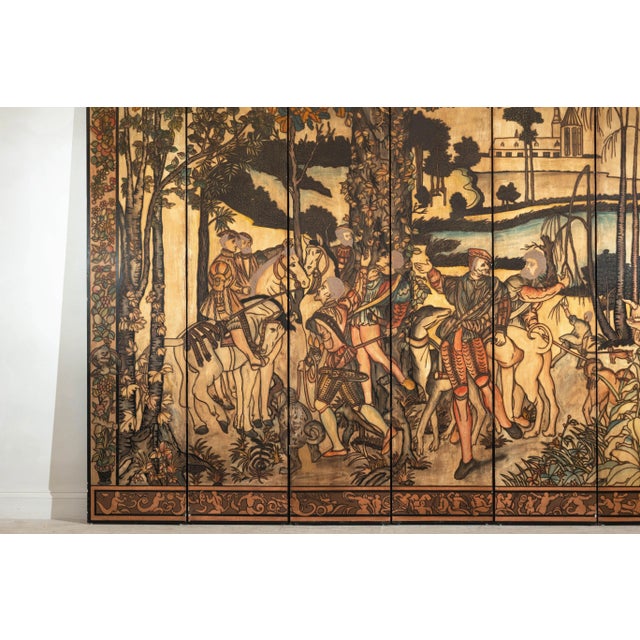 Brown Six-Panel Renaissance Themed Painted Screen with Noble Hunting Scene For Sale - Image 8 of 10
