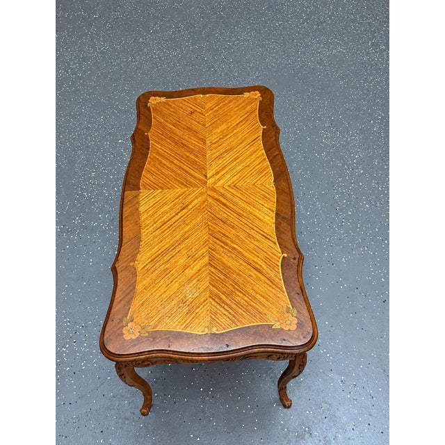 Mid 20th Century Vintage Louis XV Style Carved Walnut Marquetry & Parquetry Coffee Table For Sale - Image 5 of 12