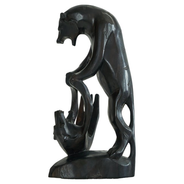 Art Deco Fighting Panthers Sculpture in Wood, 1930s For Sale
