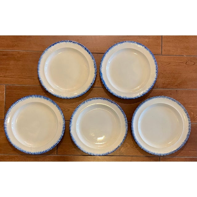 Blue Antique Early 19th Century English Georgian Pearlware Creamware Blue Feather or Shell Edge Dinner Plates - Set of 5 For Sale - Image 8 of 16