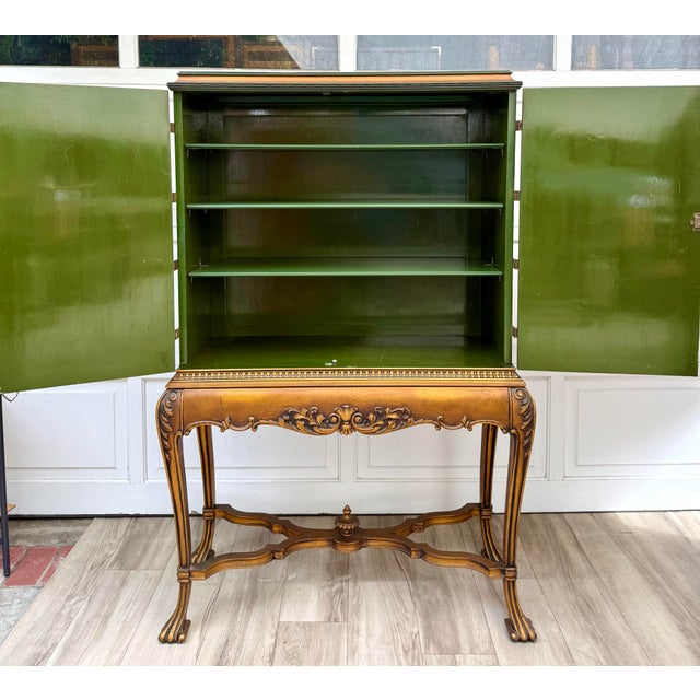 Wood Mid-Century Chinoiserie Scenic Two-Door Cabinet With Ornate Brass Hardware For Sale - Image 7 of 18