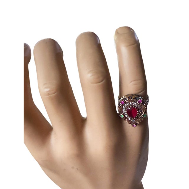 Traditional Vintage Natural Ruby, Emerald and Diamond Ring - 925 Sterling Silver Size 7 For Sale - Image 3 of 9