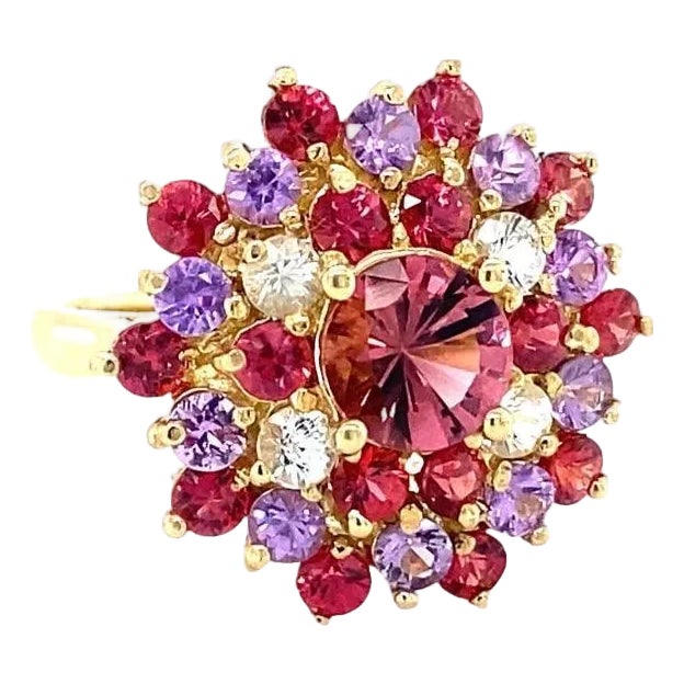 3.57 Carat Tourmaline Sapphire Yellow Gold Cocktail Ring, Size 7 For Sale