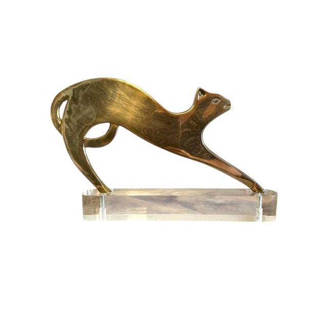Art Deco Early 20th Century Werkstätte Stretching Brass Cat on Clear Plinth Hagenauer Style For Sale - Image 3 of 17