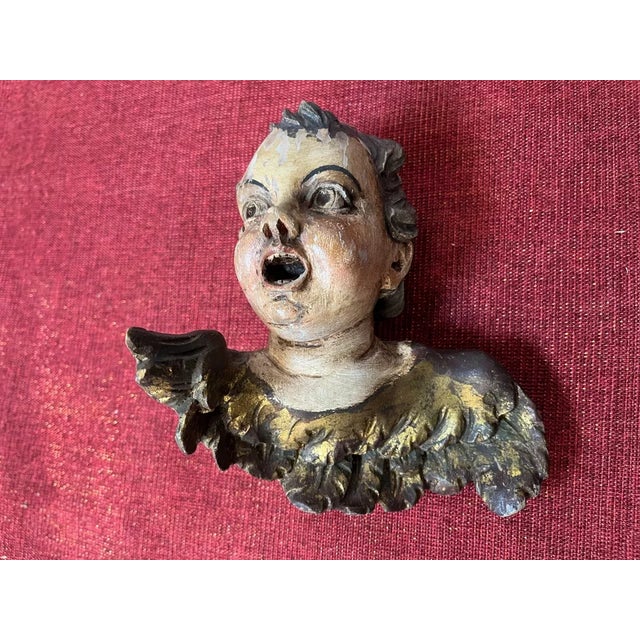 Brown C1800 Antique Italian Renaissance Carved Polychromed Wood Dramatic Hanging Putto / Cherub Sculpture For Sale - Image 8 of 12