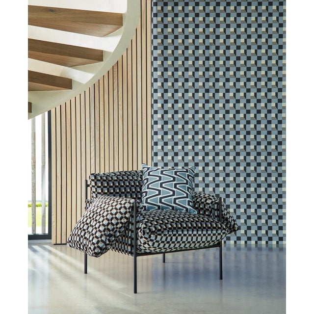 Contemporary Harlequin Blocks Wallpaper in Cornflower/Black Earth/Sketched - a Sample For Sale - Image 3 of 3